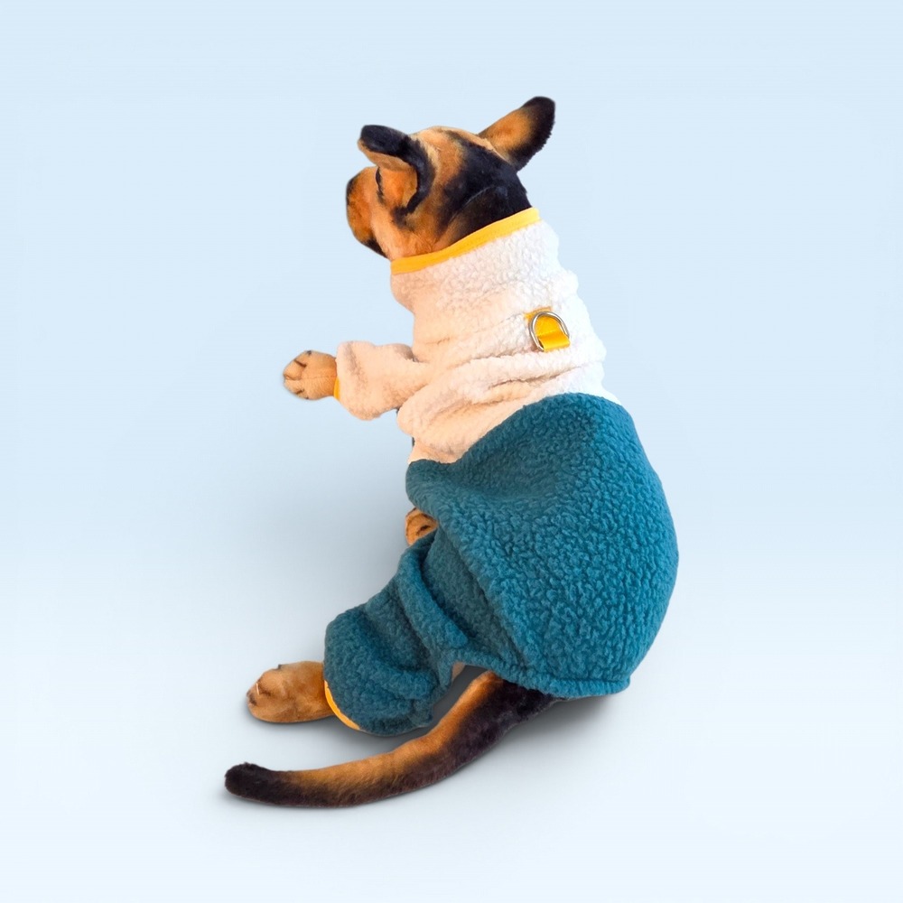 Two Tone Sherpa Fleece Dog Pajamas Teal Cream Pet Onesie with D-Ring Size Small - Picture 4 of 9